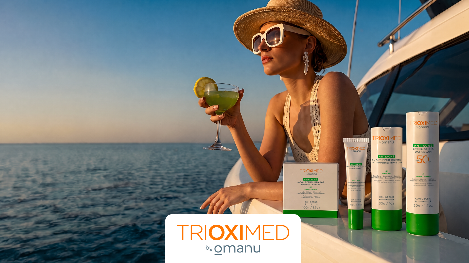 Mujer disfrutando del verano con productos Trioximed Antiacné by Omanu, destacando una rutina de skincare para controlar el exceso de grasa y prevenir puntos negros.